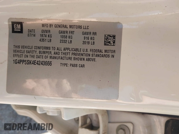 2014 Buick Verano with VIN 1G4PP5SK4E4243666, listed as a IAAI auction lot 42323731 with 142,930 mi miles and . Bid and sale history available at DreamBid. Image 9.
