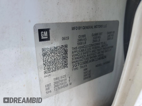 2019 GMC Canyon 2WD with VIN 1GTG5BEA9K1340824, listed as a Copart auction lot 79953484 with 121,703 mi miles and Non Repairable. Bid and sale history available at carsss.com. Image 12.