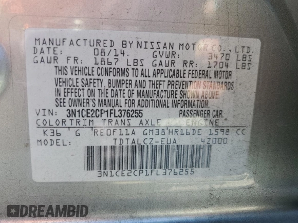 2015 Nissan Note SR with VIN 3N1CE2CP1FL376255, listed as a Copart auction lot 59234455 with 84,686 mi miles and Salvage title. Bid and sale history available at DreamBid. Image 12.