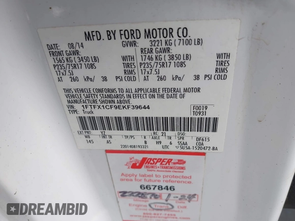 2014 Ford F-150 XL with VIN 1FTFX1CF9EKF39644, listed as a IAAI auction lot 41160445 with 239,110 mi miles. Bid and sale history available at carsss.com. Image 9.