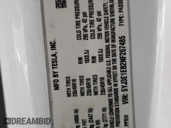 2022 Tesla Model 3 Long Range with VIN 5YJ3E1EB2NF267485, listed as a Copart auction lot 54952505 with 30,569 mi miles and Clean Title. Bid and sale history available at DreamBid. Image 12.