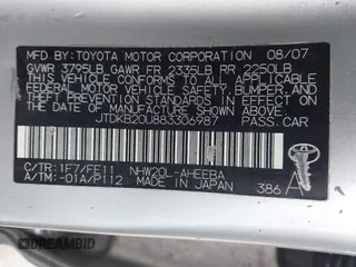 2008 Toyota Prius with VIN JTDKB20U883306987, listed as a IAAI auction lot 41976795 with 221,731 mi miles and . Bid and sale history available at carsss.com. Image 9.
