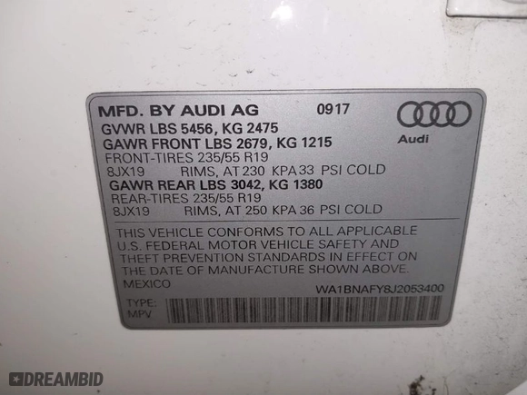 2018 Audi Q5 Premium Plus with VIN WA1BNAFY8J2053400, listed as a IAAI auction lot 41776252 with 104,140 mi miles. Bid and sale history available at carsss.com. Image 9.