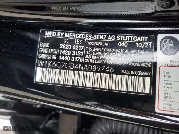 2022 Mercedes-Benz S-Class S 580 with VIN W1K6G7GB4NA089746, listed as a Copart auction lot 73121514 with 27,290 mi miles and Non Repairable. Bid and sale history available at carsss.com. Image 14.