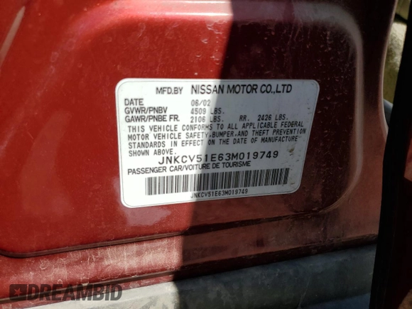 2003 Infiniti G35 w/Leather with VIN JNKCV51E63M019749, listed as a Copart auction lot 53346205 with 156,998 mi miles and Salvage Title. Bid and sale history available at DreamBid. Image 12.