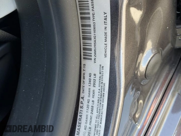 2016 Maserati Ghibli S with VIN ZAM57RSA3G1169053, listed as a Copart auction lot 58970355 with 73,843 mi miles and Salvage title. Bid and sale history available at DreamBid. Image 12.