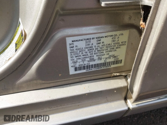 2006 Nissan Altima S z VIN 1N4AL11D66N328009, wystawiony jako IAAI lot #42368693 z przebiegiem 202 565 mil mil oraz . Historia ofert i sprzedaży dostępna na DreamBid. Obrazek 9.