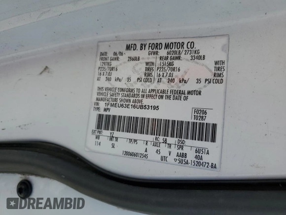 2006 Ford Explorer XLT with VIN 1FMEU63E16UB53195, listed as a Copart auction lot 62358065 with 211,283 mi miles and Salvage title. Bid and sale history available at DreamBid. Image 14.