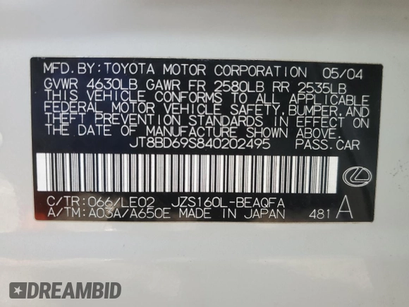 2004 Lexus GS 300 z VIN JT8BD69S840202495, wystawiony jako Copart lot #85371704 z przebiegiem 224 886 mil mil oraz Czysty tytuł • Clean title. Historia ofert i sprzedaży dostępna na DreamBid. Obrazek 13.