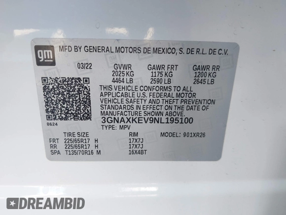 2022 Chevrolet Equinox LT z VIN 3GNAXKEV9NL195100, wystawiony jako IAAI lot #42303867 z przebiegiem 56 963 mil mil oraz . Historia ofert i sprzedaży dostępna na DreamBid. Obrazek 9.