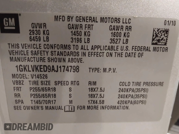 2010 GMC Acadia SL z VIN 1GKLVKED9AJ174798, wystawiony jako IAAI lot #40641643 z przebiegiem 158 949 mil mil oraz . Historia ofert i sprzedaży dostępna na DreamBid. Obrazek 9.