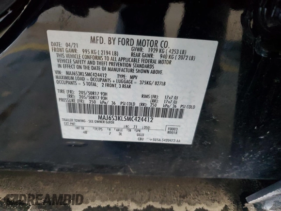 2021 Ford EcoSport Titanium z VIN MAJ6S3KL5MC424412, wystawiony jako Copart lot #88652315 z przebiegiem 84 326 mil mil oraz Szkody całkowita. Historia ofert i sprzedaży dostępna na DreamBid. Obrazek 14.