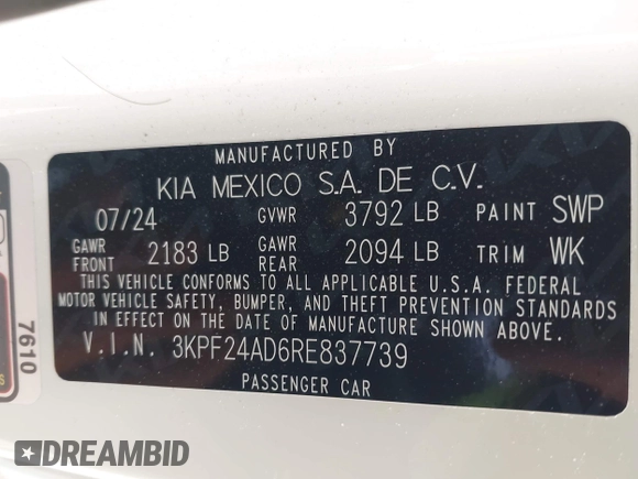 2024 Kia Forte LXS z VIN 3KPF24AD6RE837739, wystawiony jako IAAI lot #41963725 z przebiegiem 14 176 mil mil oraz . Historia ofert i sprzedaży dostępna na DreamBid. Obrazek 9.