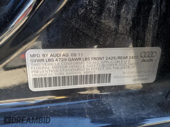 2012 Audi A4 2.0T Premium with VIN WAUAFAFLXCN008752, listed as a Copart auction lot 85154034 with 111,123 mi miles and Salvage Title. Bid and sale history available at carsss.com. Image 14.