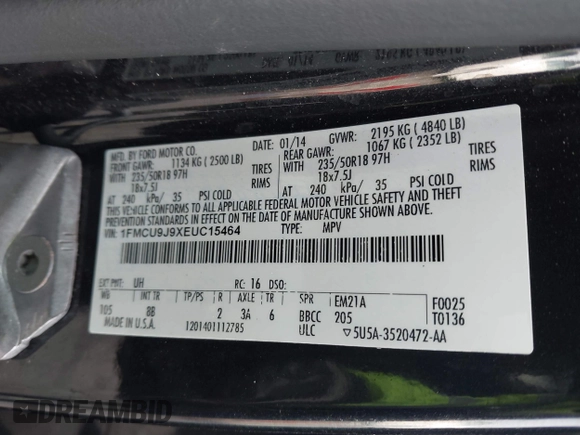 2014 Ford Escape Titanium with VIN 1FMCU9J9XEUC15464, listed as a IAAI auction lot 41524925 with 160,445 mi miles. Bid and sale history available at carsss.com. Image 9.