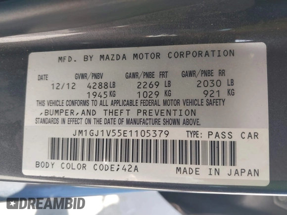 2014 Mazda 6 i Touring with VIN JM1GJ1V55E1105379, listed as a IAAI auction lot 42010585 with 153,870 mi miles and . Bid and sale history available at DreamBid. Image 9.