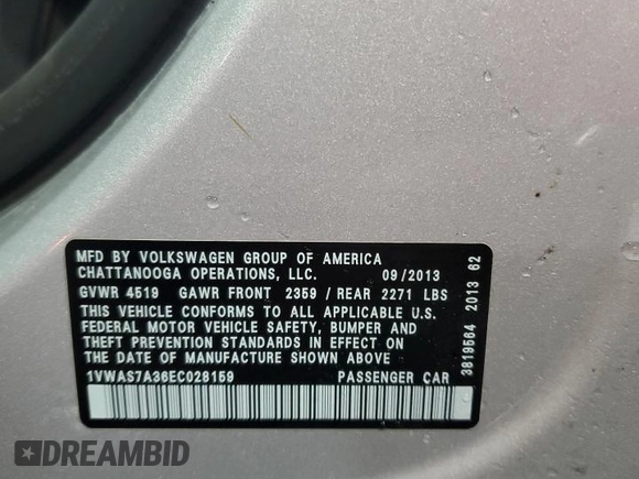 2014 Volkswagen Passat Wolfsburg Edition with VIN 1VWAS7A36EC028159, listed as a Copart auction lot 46528805 with 139,832 mi miles and Clean title. Bid and sale history available at DreamBid. Image 13.