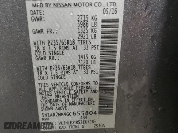 2016 Nissan Pathfinder S с VIN 5N1AR2MM4GC655804, выставлен на аукционе Copart как лот 87229234 с пробегом 148 021 миль миль и На запчасти • Non repairable. История ставок и продаж доступна на DreamBid. Изображение 15.