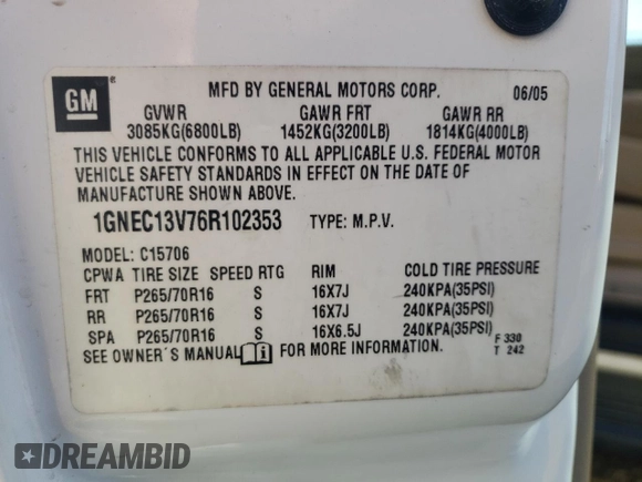 2006 Chevrolet Tahoe LS with VIN 1GNEC13V76R102353, listed as a Copart auction lot 84531434 with 155,724 mi miles and Salvage Title. Bid and sale history available at carsss.com. Image 12.