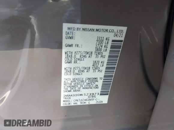 2021 Nissan Titan SV with VIN 1N6AA1ED1MN523973, listed as a IAAI auction lot 42406382 with 73,688 mi miles and . Bid and sale history available at DreamBid. Image 9.