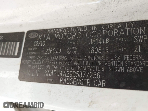 2011 Kia Forte EX with VIN KNAFU4A29B5377256, listed as a IAAI auction lot 42072437 with 190,295 mi miles. Bid and sale history available at carsss.com. Image 9.