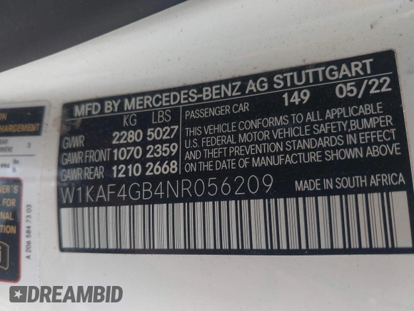 2022 Mercedes-Benz C 300 with VIN W1KAF4GB4NR056209, listed as a IAAI auction lot 42111449 with 21,545 mi miles and . Bid and sale history available at DreamBid. Image 9.