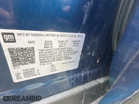 2021 Chevrolet Equinox LT with VIN 3GNAXJEV6ML378169, listed as a Copart auction lot 48204375 with 98,349 mi miles and Clean title. Bid and sale history available at DreamBid. Image 10.