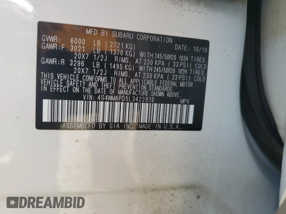 2020 Subaru Ascent Limited with VIN 4S4WMAPD5L3422910, listed as a Copart auction lot 41818005 with 55,323 mi miles and Salvage title. Bid and sale history available at DreamBid. Image 14.