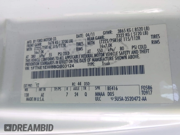 2011 Ford Econoline Cargo Commercial with VIN 1FTNE1EW8BDB03124, listed as a IAAI auction lot 41622688 with 167,593 mi miles and . Bid and sale history available at DreamBid. Image 9.