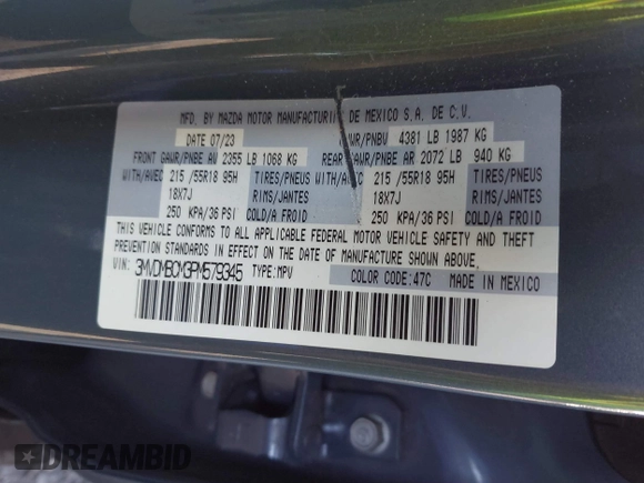 2023 Mazda CX-30 S Carbon Edition with VIN 3MVDMBCM3PM579345, listed as a IAAI auction lot 41689892 with 18,621 mi miles and . Bid and sale history available at DreamBid. Image 9.