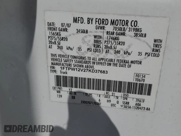 2007 Ford F-150 XLT with VIN 1FTPW12V27KD37683, listed as a Copart auction lot 61747115 with 189,674 mi miles and Salvage title. Bid and sale history available at DreamBid. Image 12.