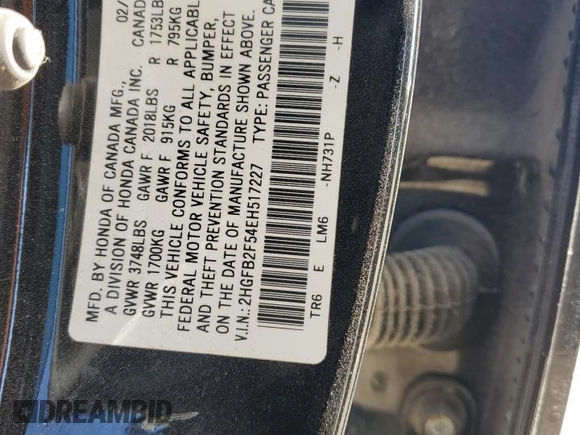 2014 Honda Civic Sedan LX with VIN 2HGFB2F54EH517227, listed as a Copart auction lot 48351395 with 151,316 mi miles and Salvage Title. Bid and sale history available at carsss.com. Image 14.