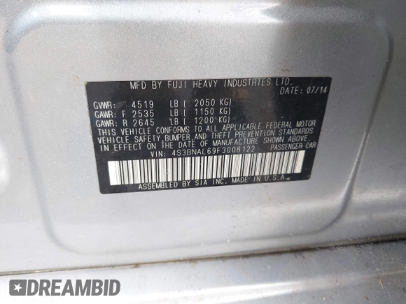 2015 Subaru Legacy Limited с VIN 4S3BNAL69F3008122, выставлен на аукционе IAAI как лот 42784063 с пробегом 106 149 миль миль и . История ставок и продаж доступна на DreamBid. Изображение 9.