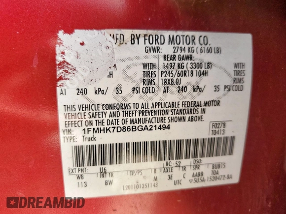 2011 Ford Explorer XLT with VIN 1FMHK7D86BGA21494, listed as a Copart auction lot 63643385 with 318,455 mi miles and Clean title. Bid and sale history available at DreamBid. Image 13.