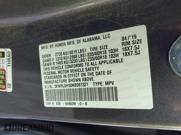 2019 Honda Odyssey EX with VIN 5FNRL6H50KB097321, listed as a IAAI auction lot 40964249 with 163,922 mi miles and . Bid and sale history available at DreamBid. Image 9.