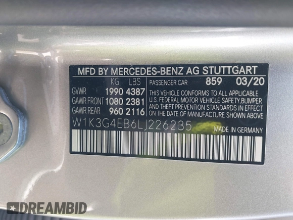 2020 Mercedes-Benz A 220 with VIN W1K3G4EB6LJ226235, listed as a IAAI auction lot 41825521 with Not Provided miles and . Bid and sale history available at DreamBid. Image 9.