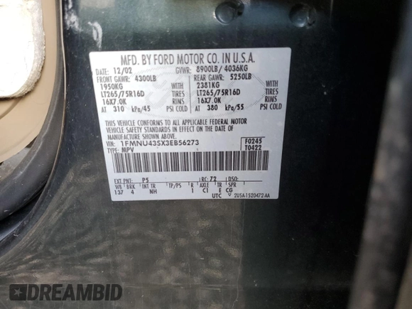 2003 Ford Excursion Limited z VIN 1FMNU43SX3EB56273, wystawiony jako Copart lot #45212465 z przebiegiem Nie podano mil oraz Szkody całkowita. Historia ofert i sprzedaży dostępna na DreamBid. Obrazek 13.