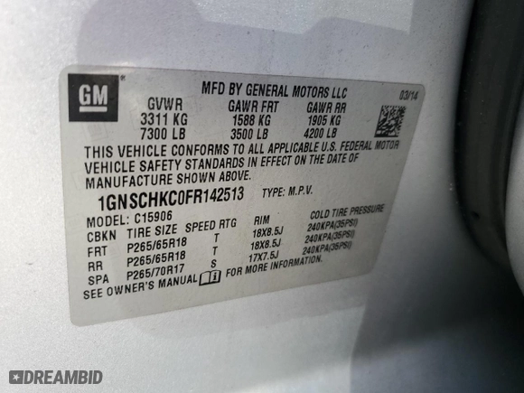 2015 Chevrolet Suburban LS with VIN 1GNSCHKC0FR142513, listed as a Copart auction lot 77311994 with 185,263 mi miles and Salvage Title. Bid and sale history available at carsss.com. Image 13.