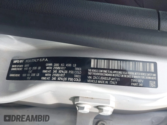 2018 Jeep Renegade Sport with VIN ZACCJBAB3JPJ41711, listed as a IAAI auction lot 42742310 with 76,773 mi miles and . Bid and sale history available at DreamBid. Image 9.