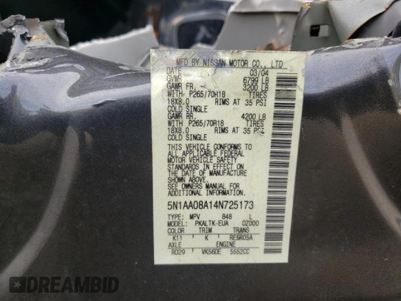 2004 Nissan Armada SE z VIN 5N1AA08A14N725173, wystawiony jako Copart lot #68176141 z przebiegiem Nie podano mil oraz Czysty tytuł • Clean title. Historia ofert i sprzedaży dostępna na DreamBid. Obrazek 10.