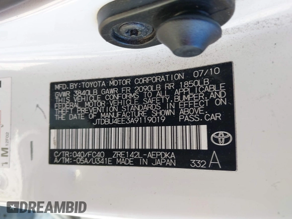 2010 Toyota Corolla with VIN JTDBU4EE3A9119019, listed as a IAAI auction lot 41366230 with 246,376 mi miles and . Bid and sale history available at DreamBid. Image 9.