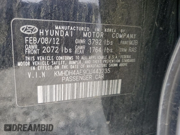 2012 Hyundai Elantra GLS z VIN KMHDH4AE9CU443235, wystawiony jako Copart lot #56295875 z przebiegiem 129 493 mil mil oraz Szkoda całkowita • Salvage title. Historia ofert i sprzedaży dostępna na DreamBid. Obrazek 12.