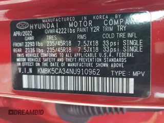 2022 Hyundai Kona Limited with VIN KM8K5CA34NU910962, listed as a Copart auction lot 40102183 with 9,438 mi miles. Bid and sale history available at carsss.com. Image 14.