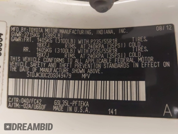 2013 Toyota Sienna LE with VIN 5TDJK3DC2DS049479, listed as a IAAI auction lot 41322671 with 108,436 mi miles and . Bid and sale history available at DreamBid. Image 9.