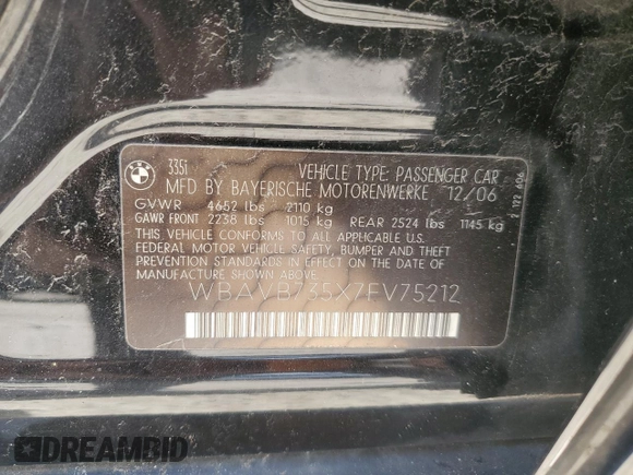 2007 BMW 3 Series 335i with VIN WBAVB735X7FV75212, listed as a Copart auction lot 46341525 with 238,383 mi miles and Salvage Title. Bid and sale history available at carsss.com. Image 15.