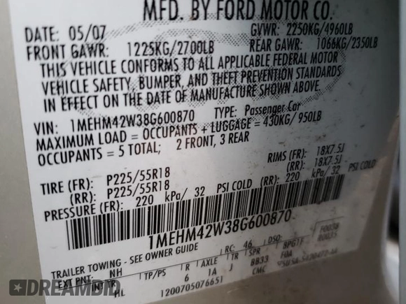 2008 Mercury Sable Premier z VIN 1MEHM42W38G600870, wystawiony jako Copart lot #50564345 z przebiegiem 211 414 mil mil oraz Nie do naprawy • Non repairable. Historia ofert i sprzedaży dostępna na DreamBid. Obrazek 12.