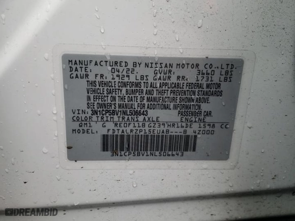 2022 Nissan Kicks S with VIN 3N1CP5BV1NL506643, listed as a Copart auction lot 48159804 with 13,450 mi miles and Clean Title. Bid and sale history available at carsss.com. Image 13.