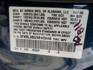 2009 Honda Odyssey EX-L with VIN 5FNRL38629B409446, listed as a Copart auction lot 54736045 with 176,229 mi miles and Salvage Title. Bid and sale history available at DreamBid. Image 13.