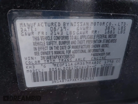 2019 Nissan Sentra SV with VIN 3N1AB7APXKY398753, listed as a IAAI auction lot 41789421 with 111,439 mi miles and . Bid and sale history available at DreamBid. Image 9.