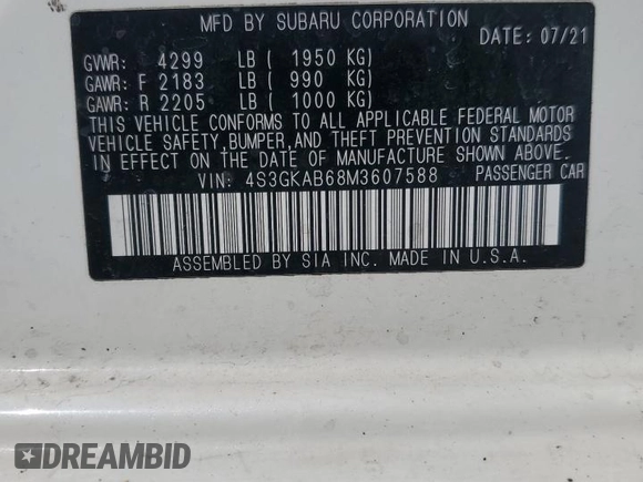 2021 Subaru Impreza with VIN 4S3GKAB68M3607588, listed as a Copart auction lot 49654435 with 47,774 mi miles and Salvage Title. Bid and sale history available at carsss.com. Image 12.
